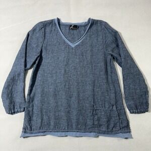 Fenini 100% Linen Top Women Small Blue V-Neck Relaxed‎ Popover made in USA
